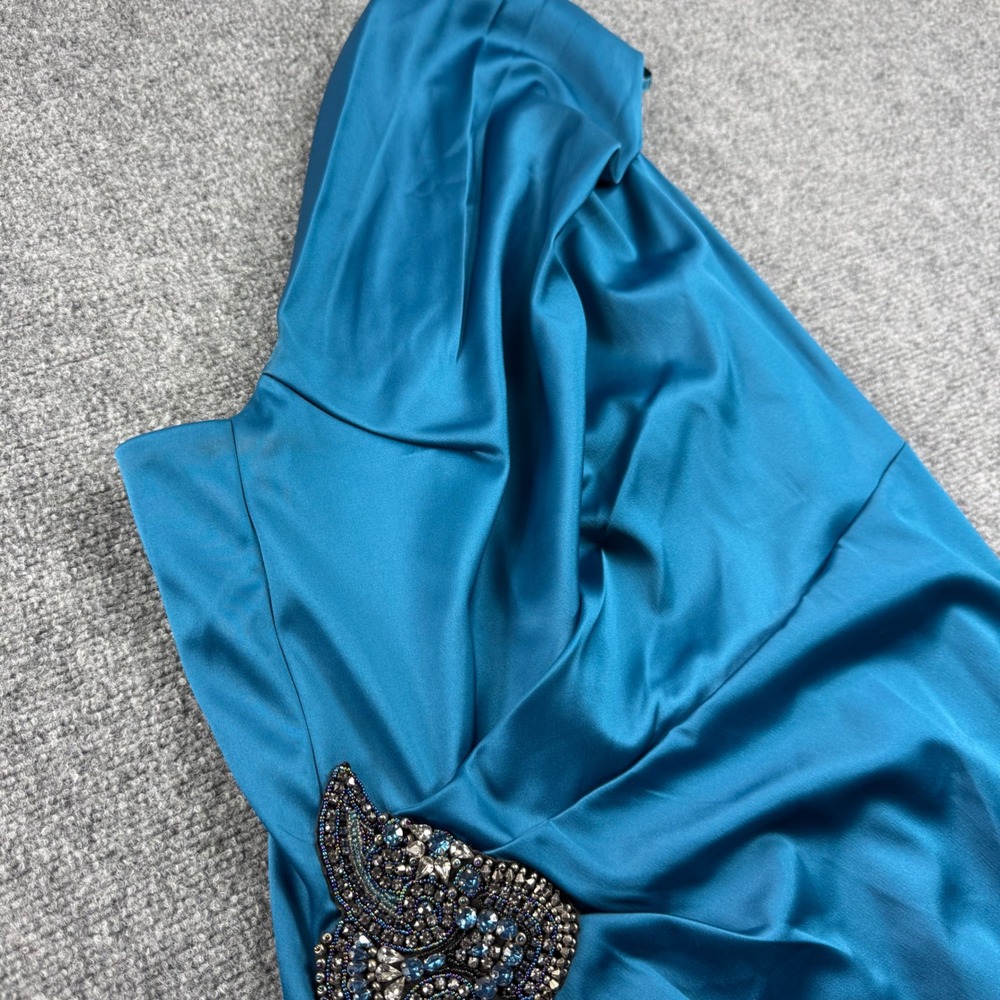 Eliza J Dress Size 14 Teal One Shoulder Beaded Embellished Satin Sheath Women's